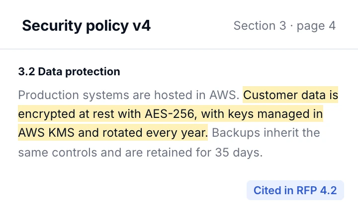 Example source preview: the cited sentence highlighted in section 3 of a security policy, marked as cited in RFP question 4.2