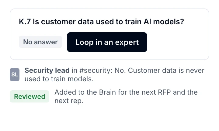Example question with no answer: looped in to a security lead in Slack, whose reviewed reply is added to the Brain