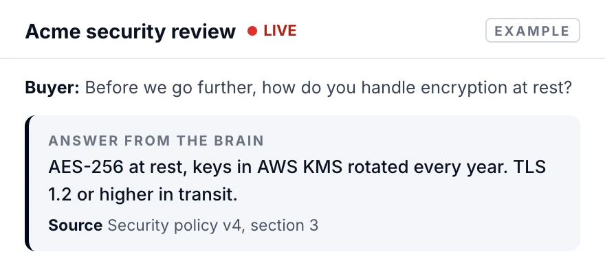 Example live call: the buyer asks about encryption at rest and the same answer from the Brain appears, with its source