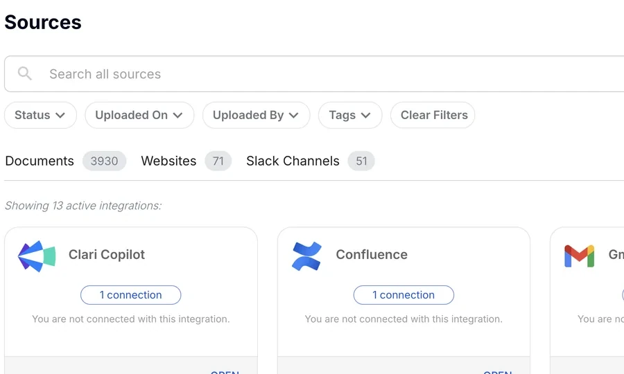 Tribble sources screen with integrations for Google Drive, Confluence, Gong, HubSpot and more