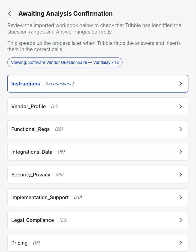 Tribble importing a buyer workbook and checking the question ranges in each tab